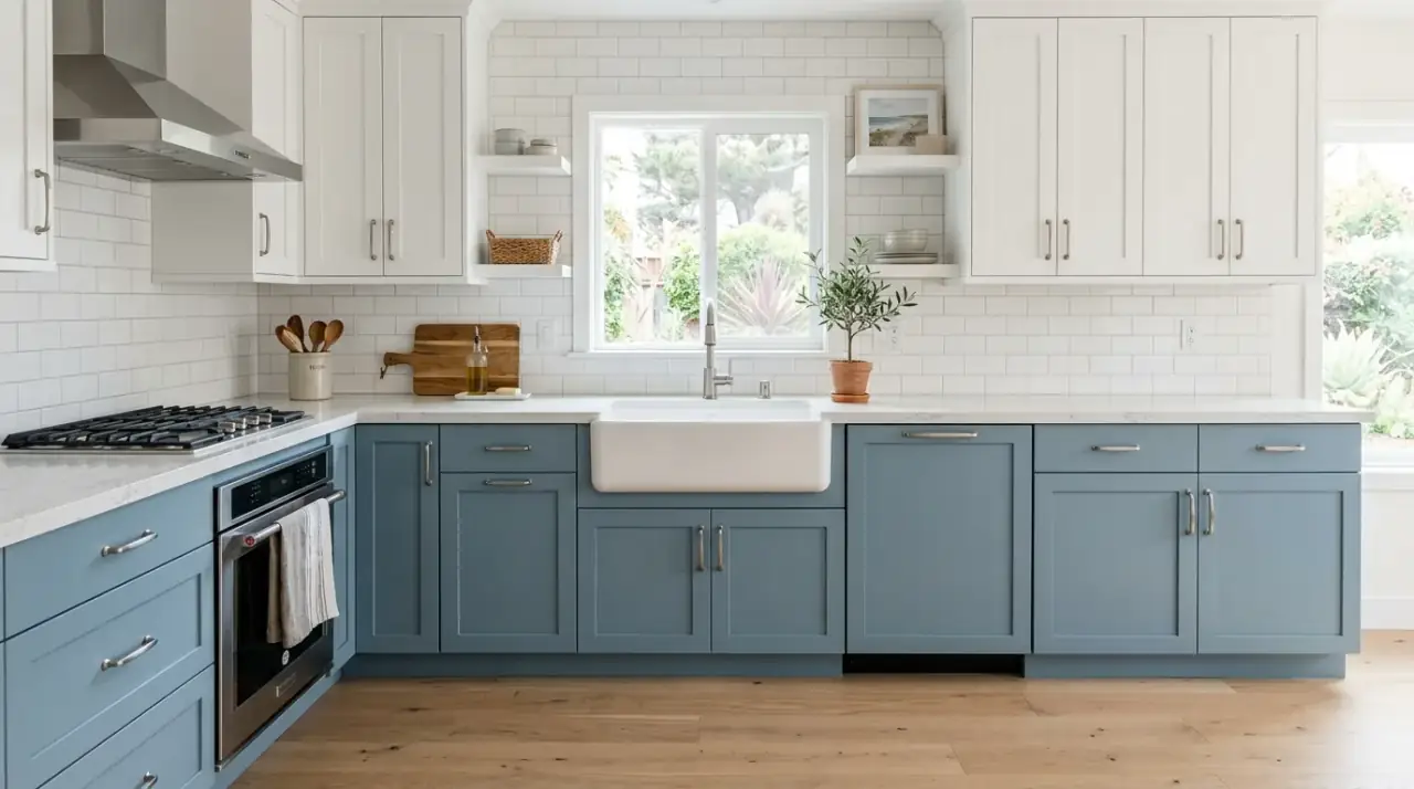 Blue and wood kitchen cabinets. Muted painted cabinets paired with warm timber for a balanced palette.