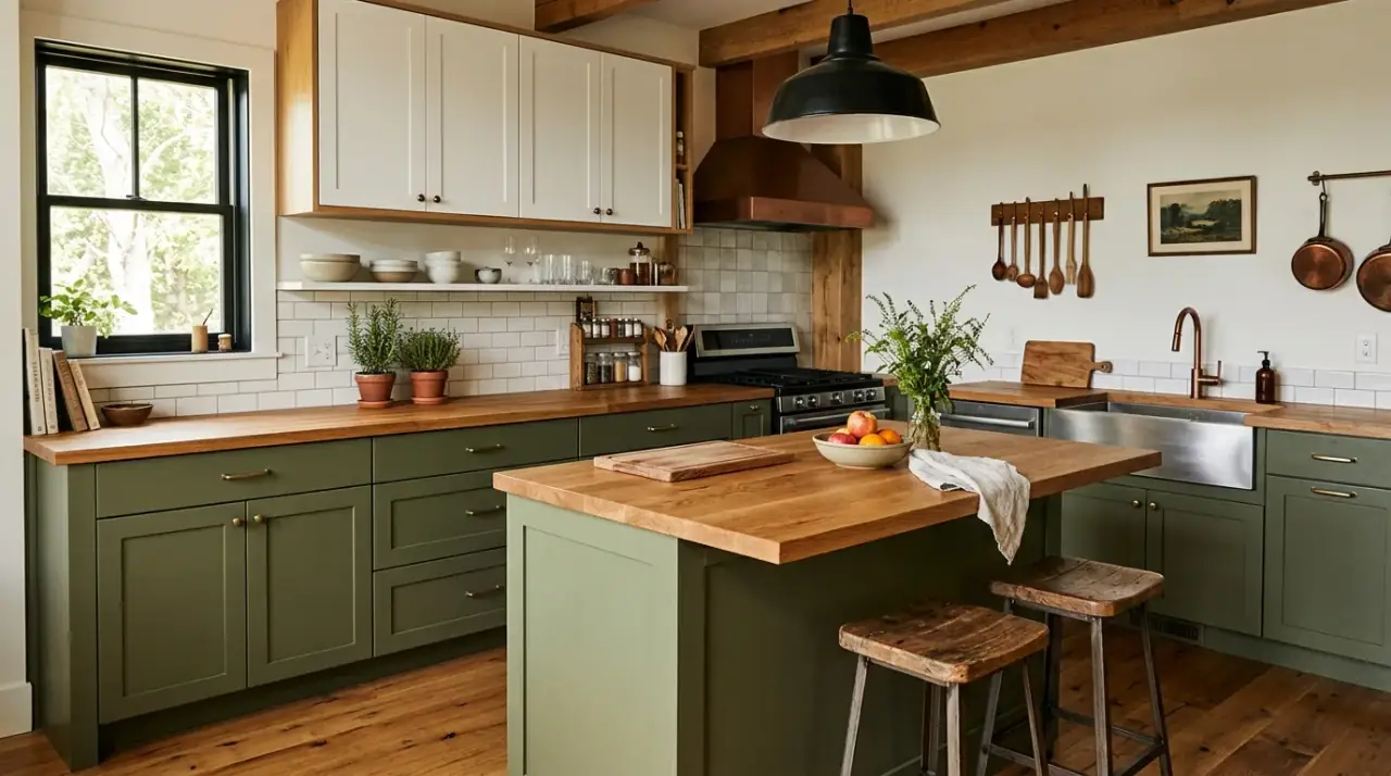 Taupe and walnut cabinets. Rich warm cabinet pairing bringing depth to a custom kitchen design.