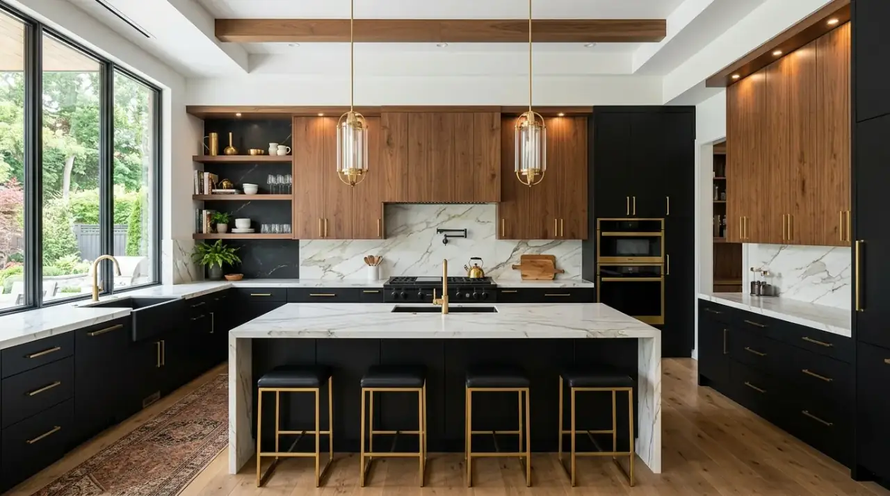 Green island neutral kitchen. Subtle color accent creating a focal point in a soft cabinet palette.