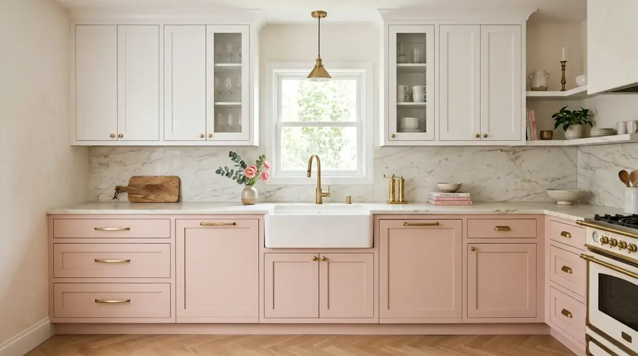 Layered neutral kitchen cabinets. Two related cabinet shades creating quiet depth in a modern kitchen.