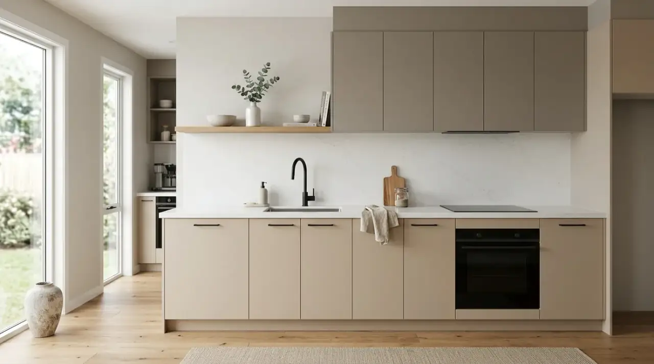 Terracotta and wood cabinets. Warm earthy cabinet colors paired with timber for grounded character.