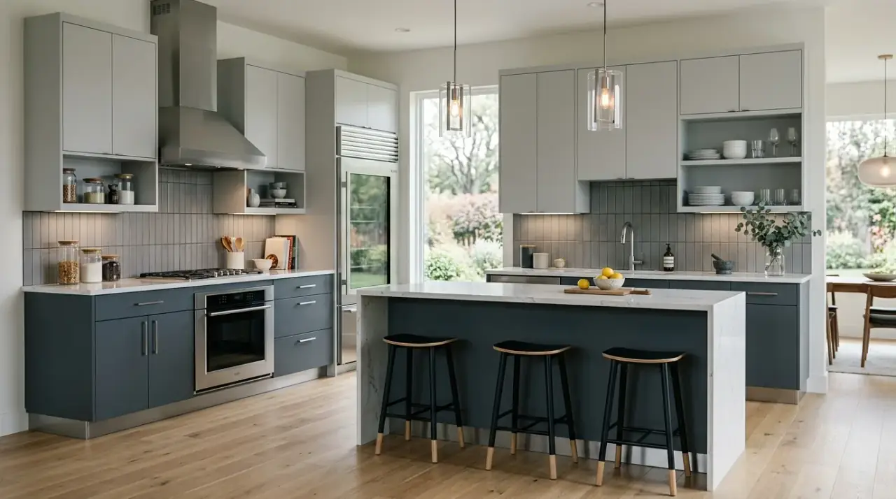 Kitchen cabinet color combinations overview. Layered cabinet palette creating a distinctive and customized kitchen look.