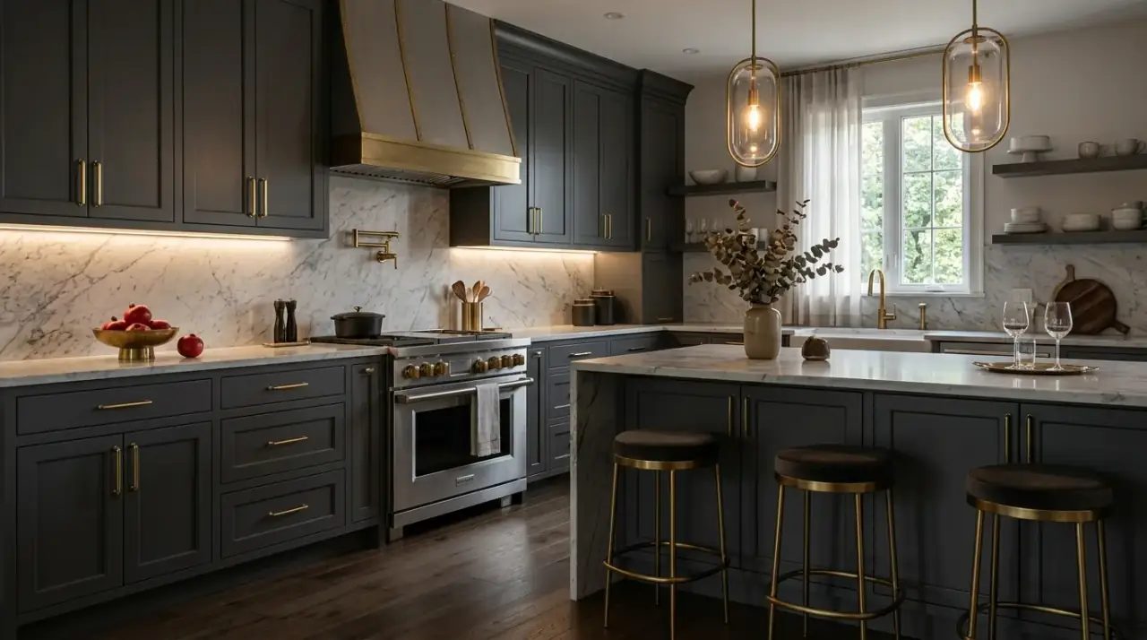 Navy cabinet paint color. Deeper blue paint bringing classic contrast and polish to the kitchen.