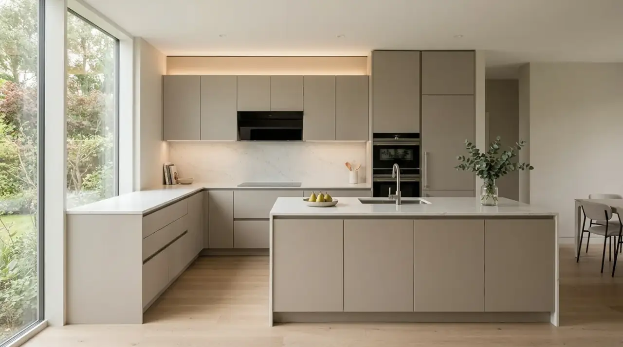 Olive kitchen cabinet paint. Earthy cabinet color choice adding grounded warmth to the kitchen.
