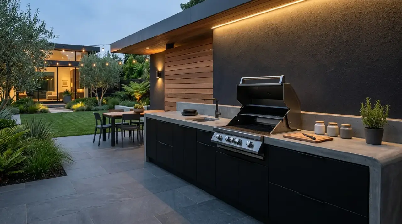 Outdoor kitchen stone counters. Weather-ready counters creating a sturdy and stylish backyard kitchen.