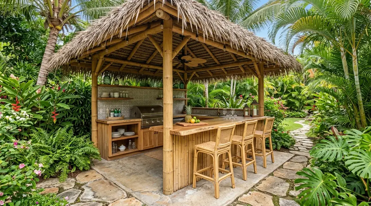 Covered outdoor kitchen. Pergola structure improving comfort and definition in a backyard kitchen.