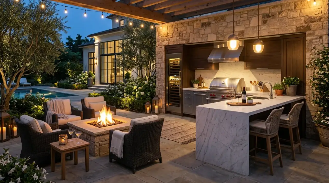 Outdoor kitchen storage. Built-in cabinetry keeping entertaining tools neat and close at hand.