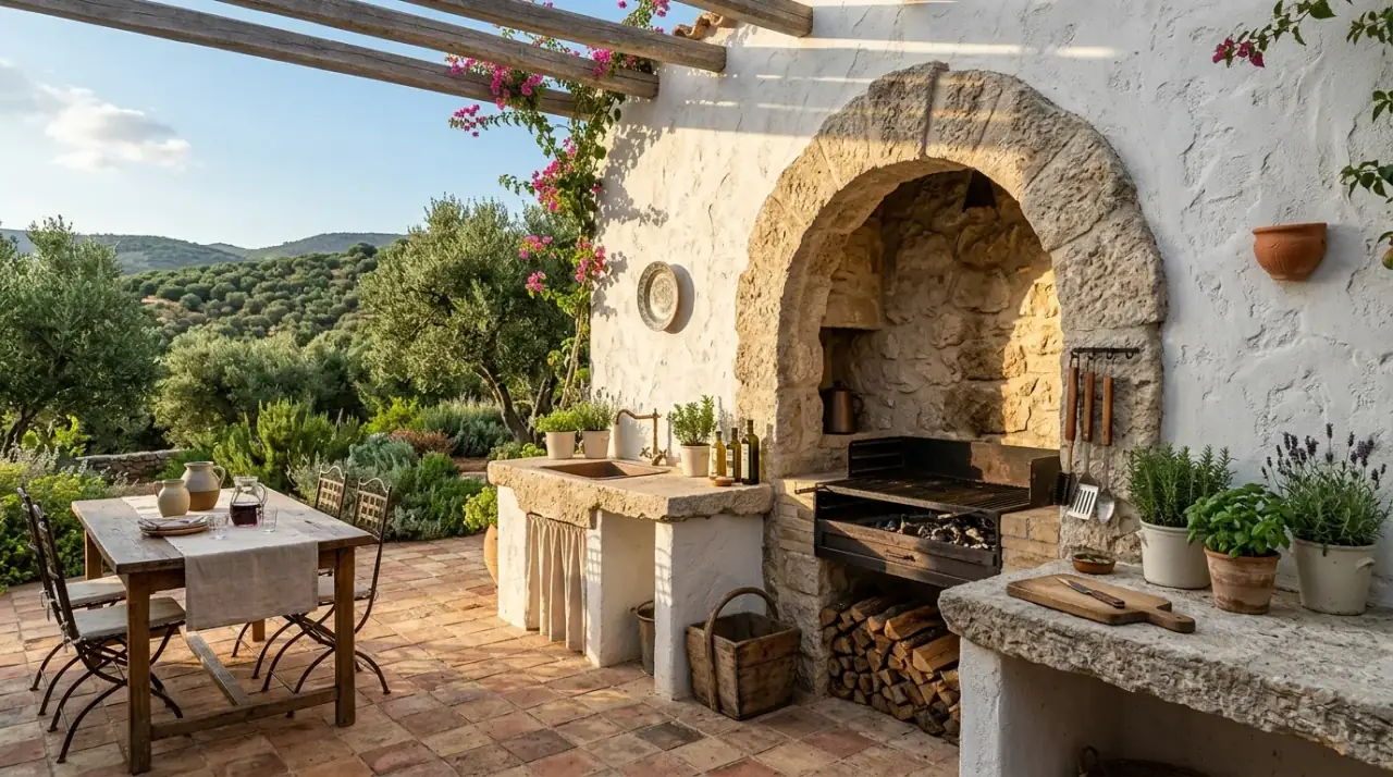 Outdoor pizza oven kitchen. Specialty cooking feature adding excitement to a backyard kitchen zone.
