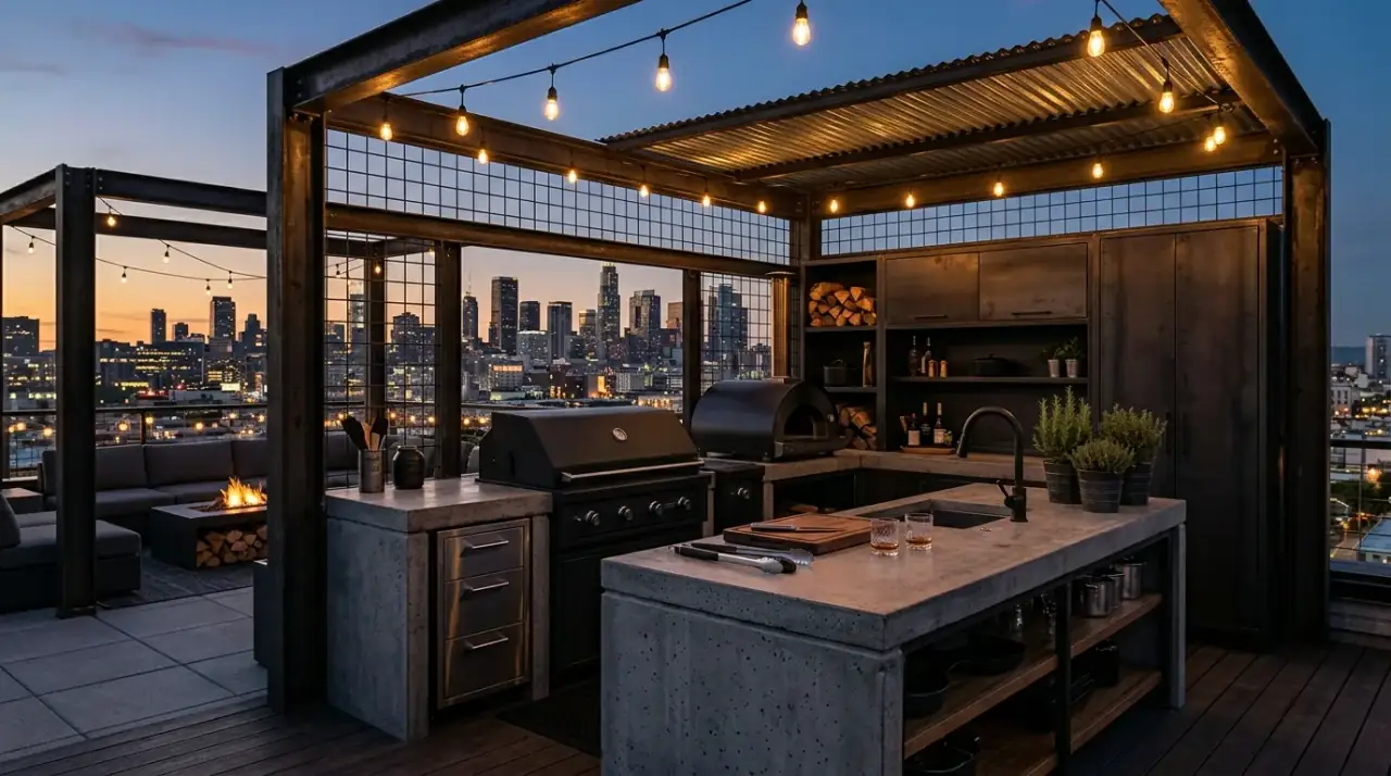 Natural materials outdoor kitchen. Landscape-friendly finishes helping the backyard kitchen feel more permanent.