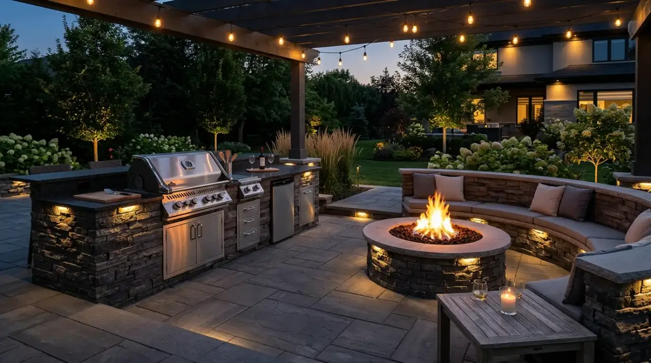 Plants around outdoor kitchen. Greenery softening the hard edges of a functional backyard cooking area.