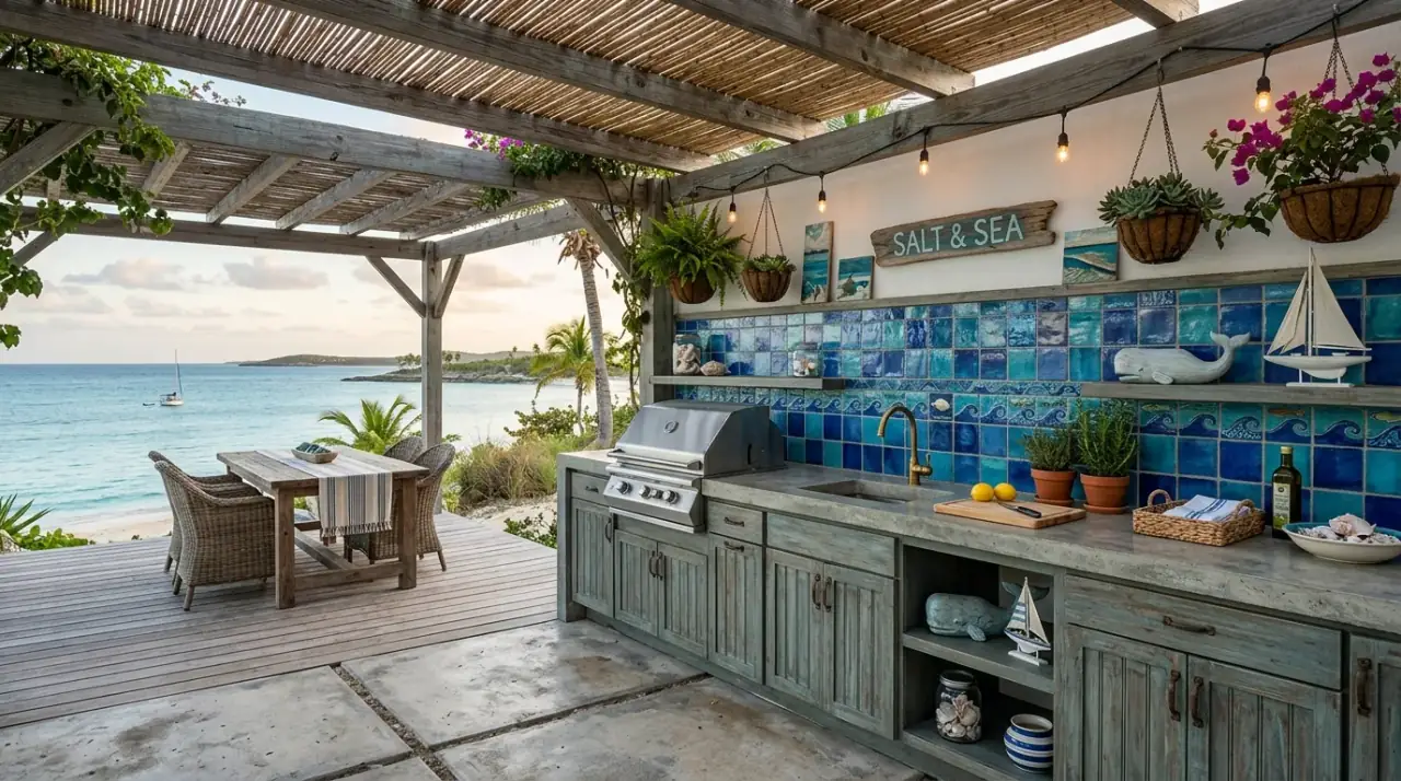 Outdoor kitchen dining area. Connected eating space helping the backyard kitchen feel more complete.