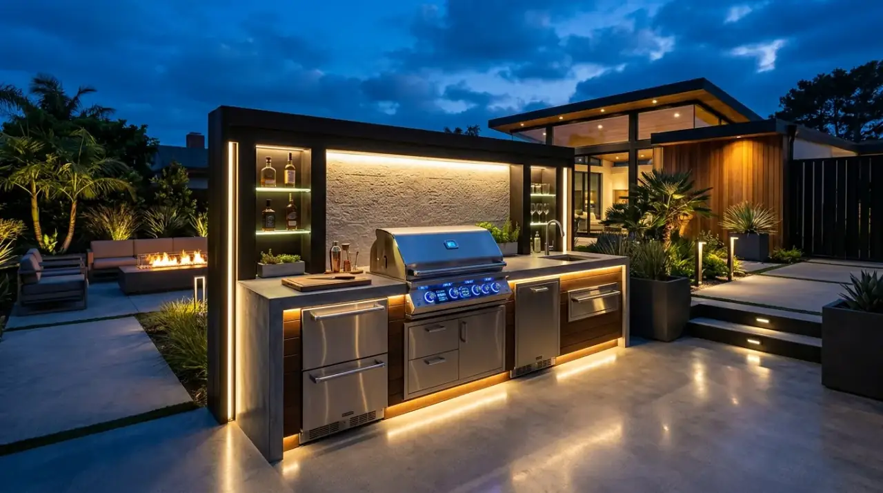 Stylish outdoor kitchen finishes. Durable surfaces creating a polished look for open-air cooking.