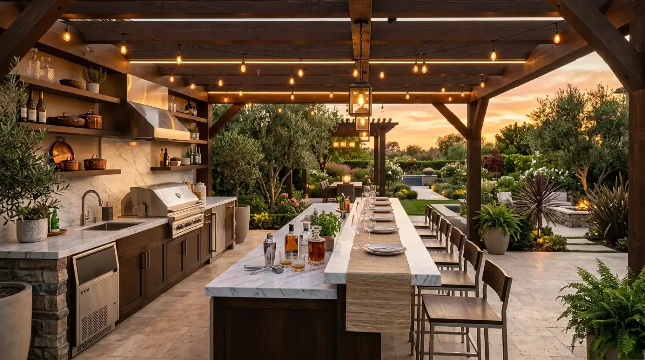 Outdoor kitchen overview. Backyard cooking space designed beautifully for gathering, serving, and comfort.