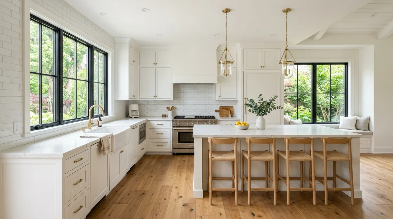 Bright white kitchen with airy natural light, marble counters, and a polished open layout.