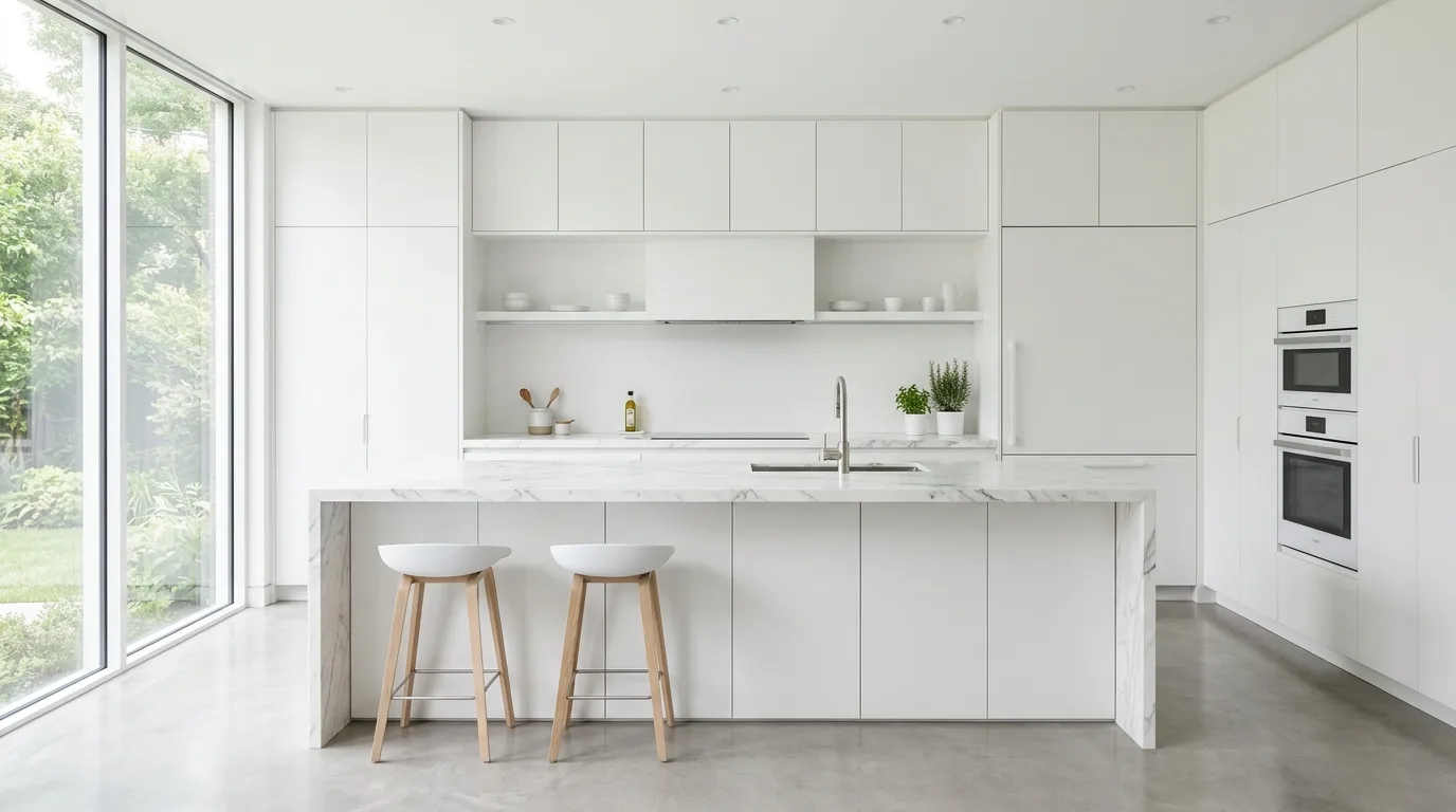 White shaker kitchen with warm wood accents. Light-filled room, airy styling, and balanced natural textures.