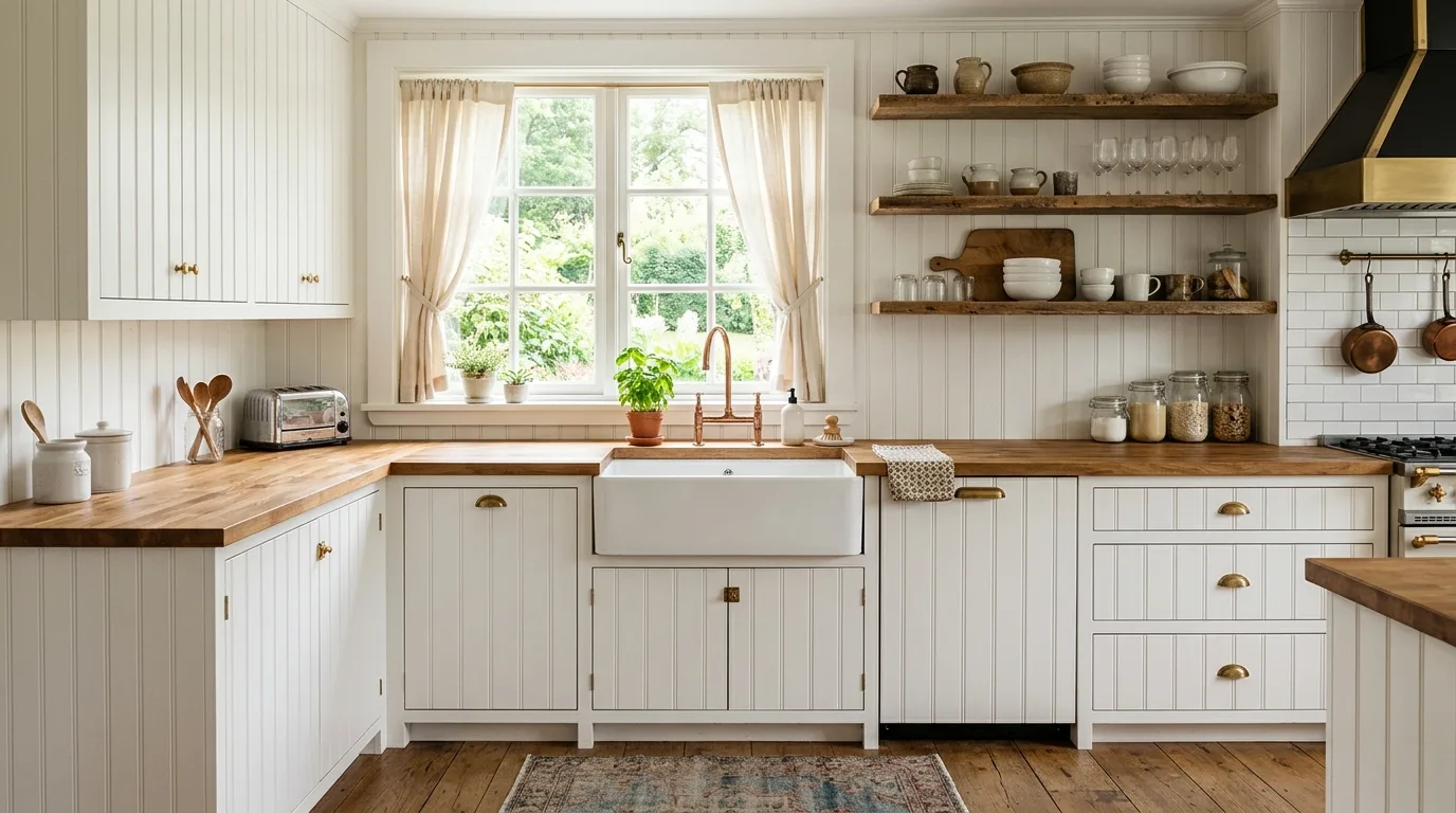 White kitchen with glass-front upper cabinets. Bright daylight, polished shelves, and an open airy feel.
