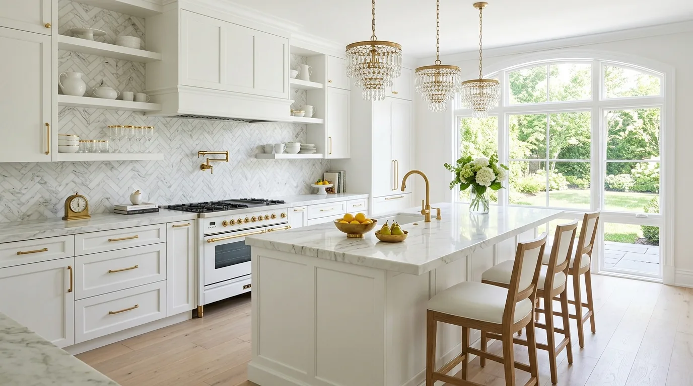 White kitchen with brass hardware. Airy daylight, polished cabinetry, and warm metallic accents.