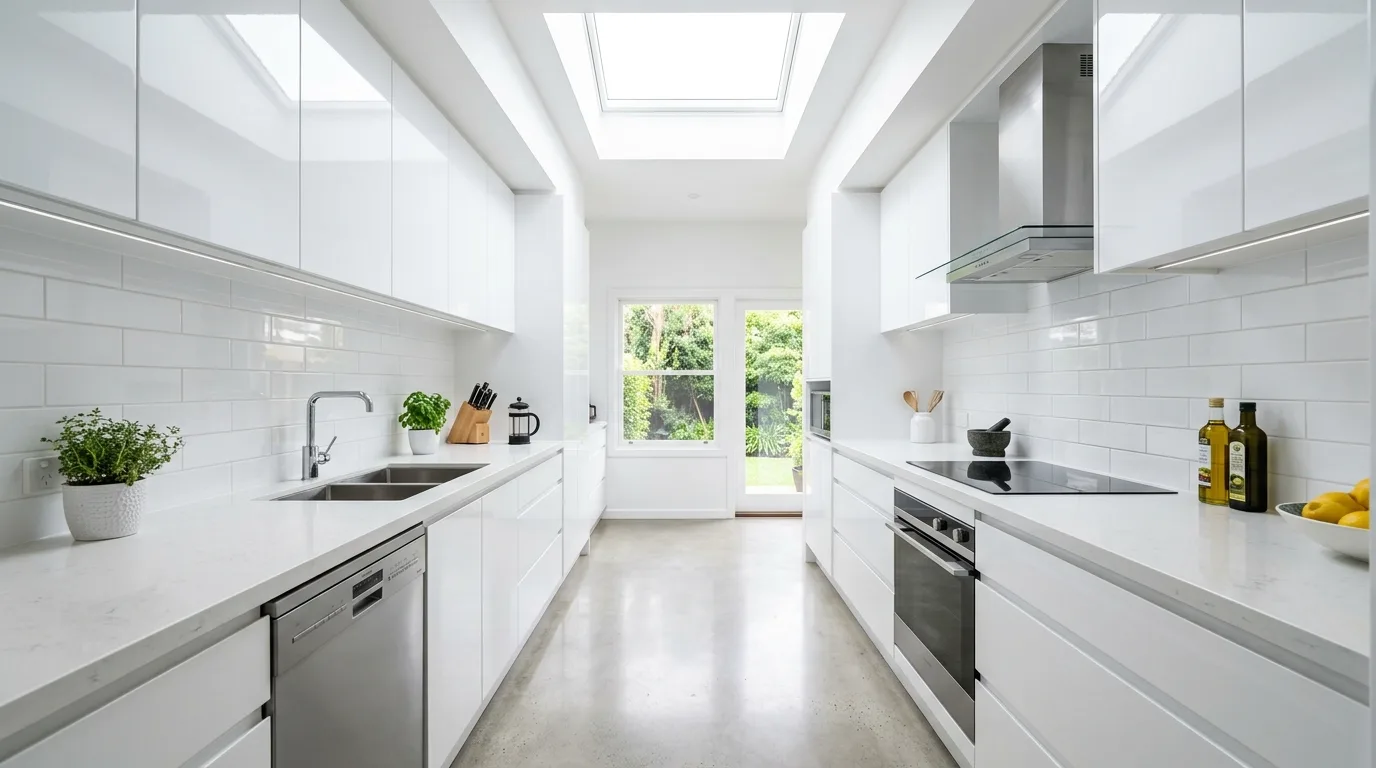 White kitchen with soft stone island. Light-toned counters, airy arrangement, and bright natural light.