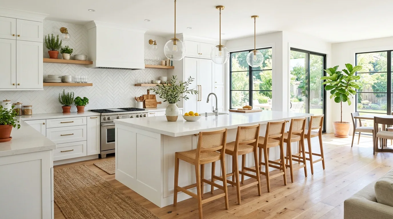 Minimal white handleless kitchen. Integrated appliances, clean lines, and a bright airy modern atmosphere.