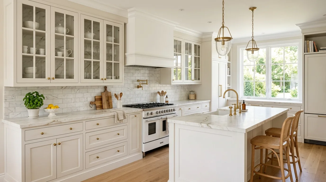 White kitchen with pale grey veined surfaces. Bright room, subtle stone variation, and an airy refined finish.