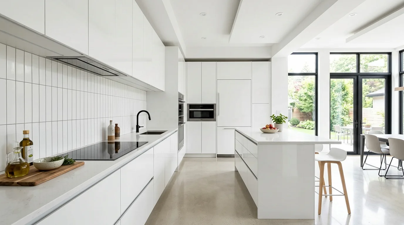 White kitchen with rattan accents. Light surfaces, woven seating, and breezy airy styling.