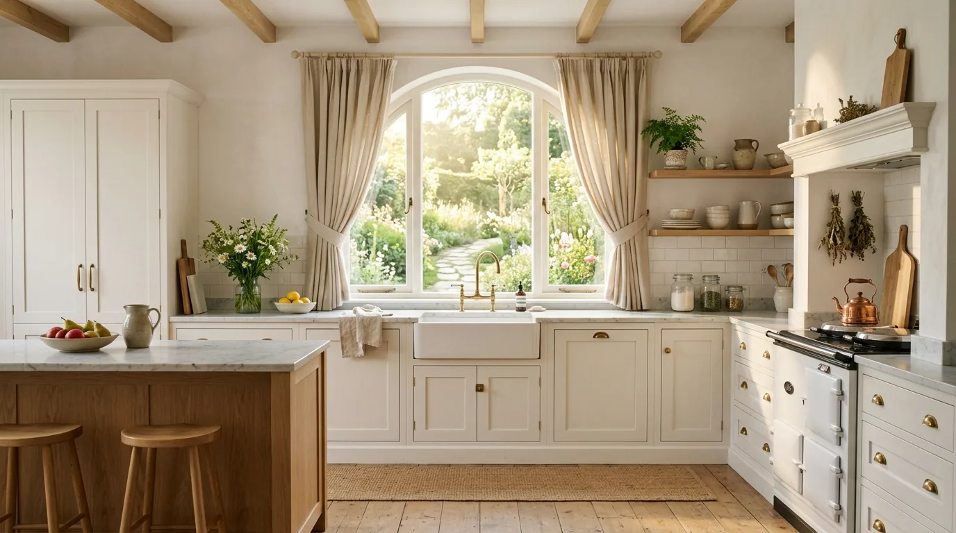 White kitchen with long wall of windows. Bright natural light, airy open layout, and soft reflective cabinetry.