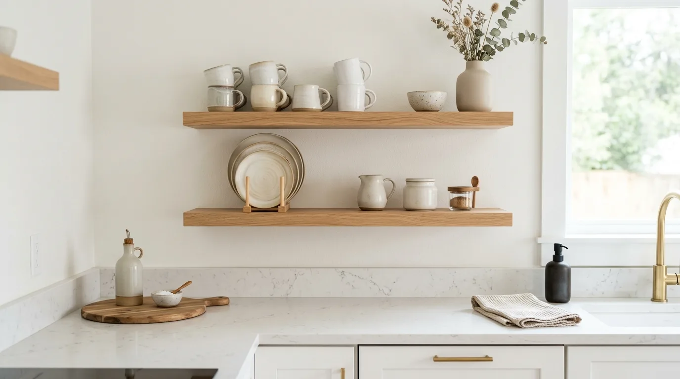 Layered white kitchen with open display shelves. Neutral ceramics, glassware, and bright airy styling.