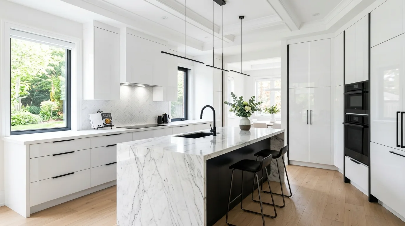 White kitchen with marble and pendant lighting. Warm evening glow, bright surfaces, and layered airy elegance.
