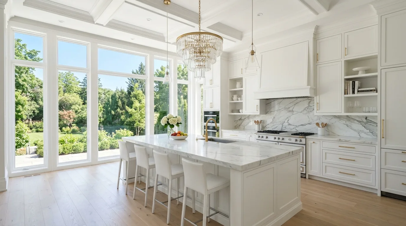 White kitchen with light oak floors. Pale wood grain, bright cabinets, and an airy balanced composition.