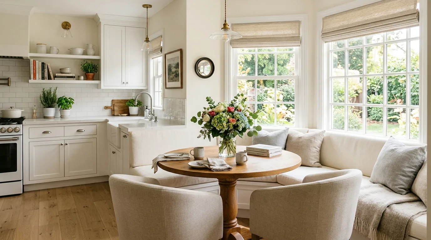 White kitchen with curved details. Rounded forms, bright natural light, and a soft airy atmosphere.