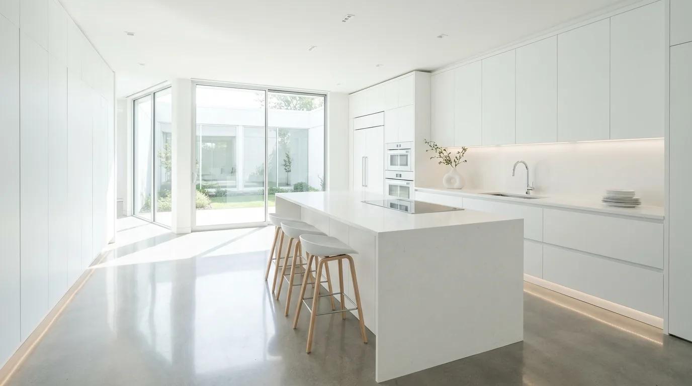 All-white luxury kitchen. Seamless cabinetry, fine stone surfaces, and a bright airy polished finish.