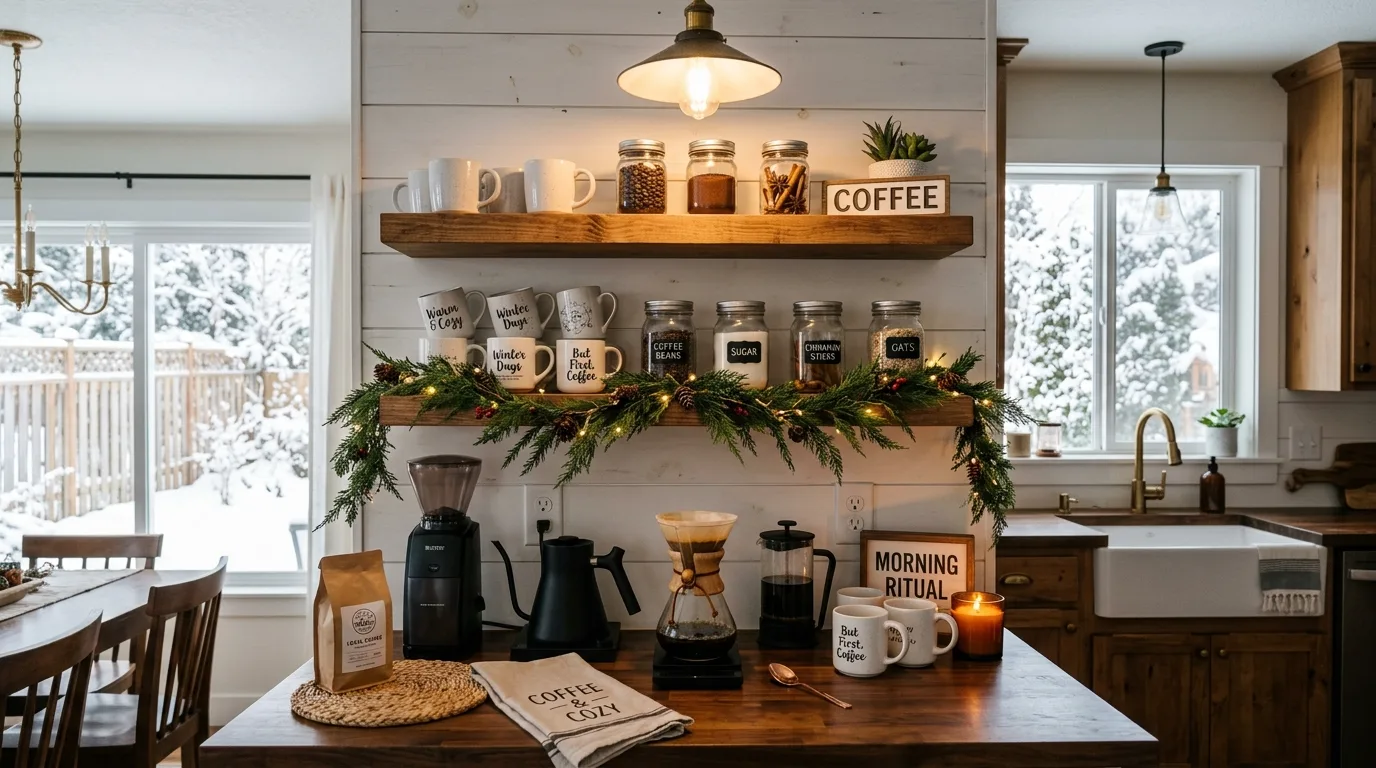 Inviting winter coffee bar styled for a cozy and practical morning ritual.