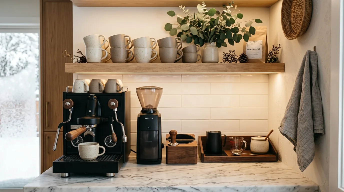 Earth-toned mugs on winter coffee bar. Soft seasonal color palette warming the beverage station.