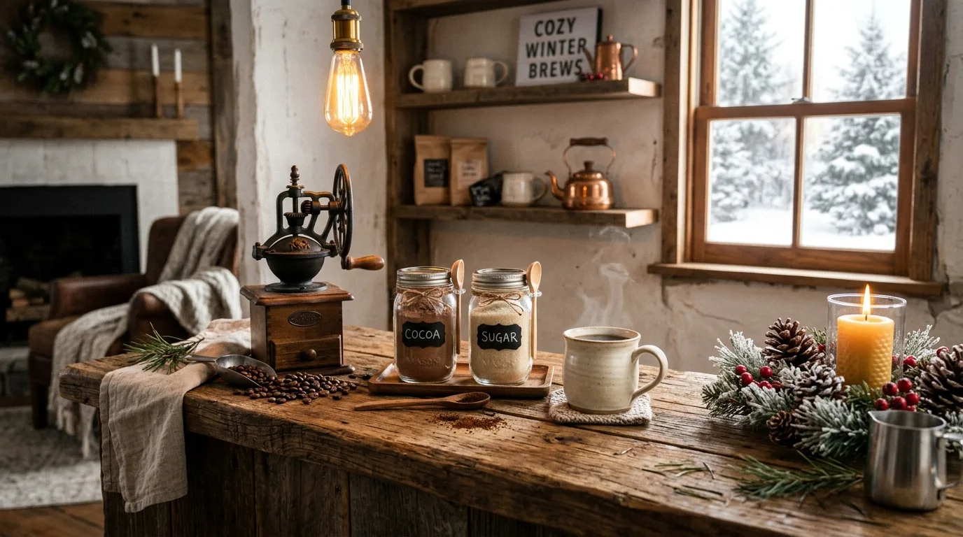 Winter coffee bar with small lamp. Warm low light making the morning drink station feel cozy.