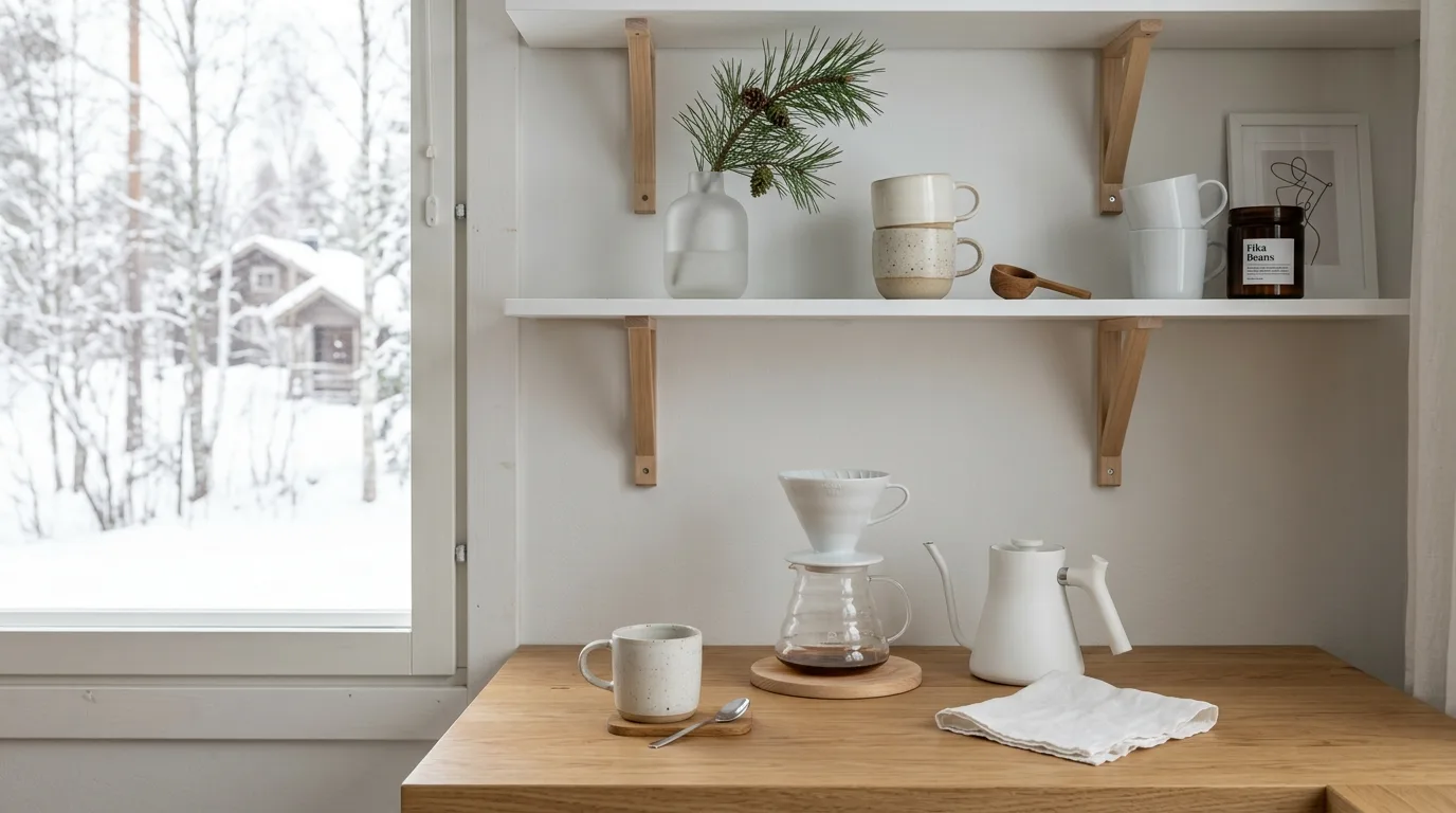 Winter coffee bar with hot chocolate supplies. Seasonal beverage extras making the setup more inviting.