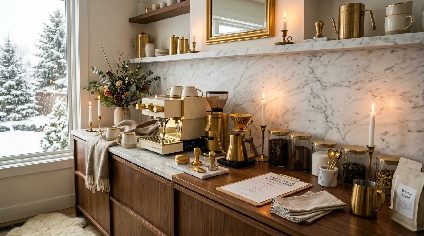 Glass jars on winter coffee bar. Practical storage doubling as cozy seasonal decor.