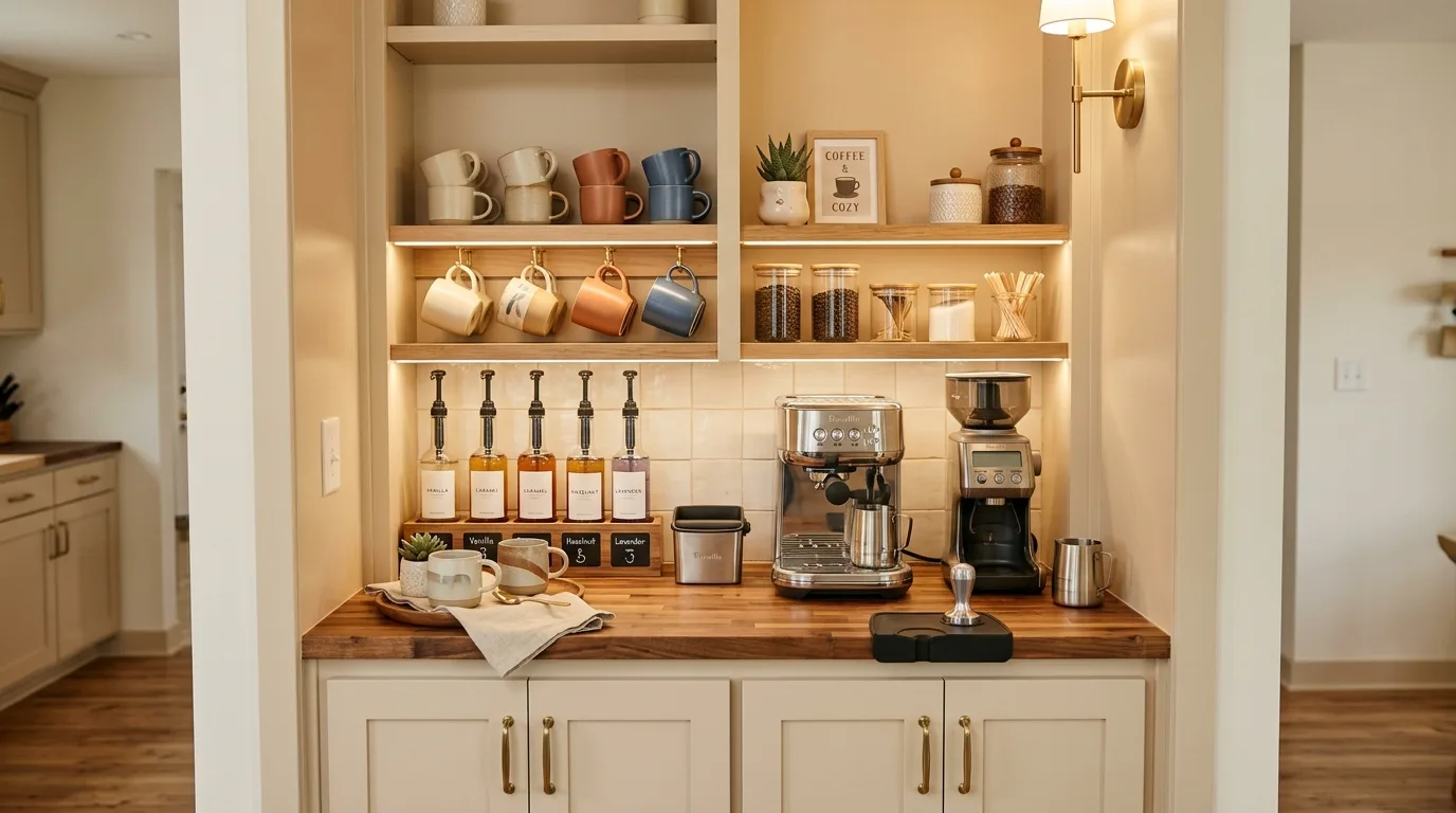 Winter greenery on coffee bar. Natural seasonal accents softening the beverage station.