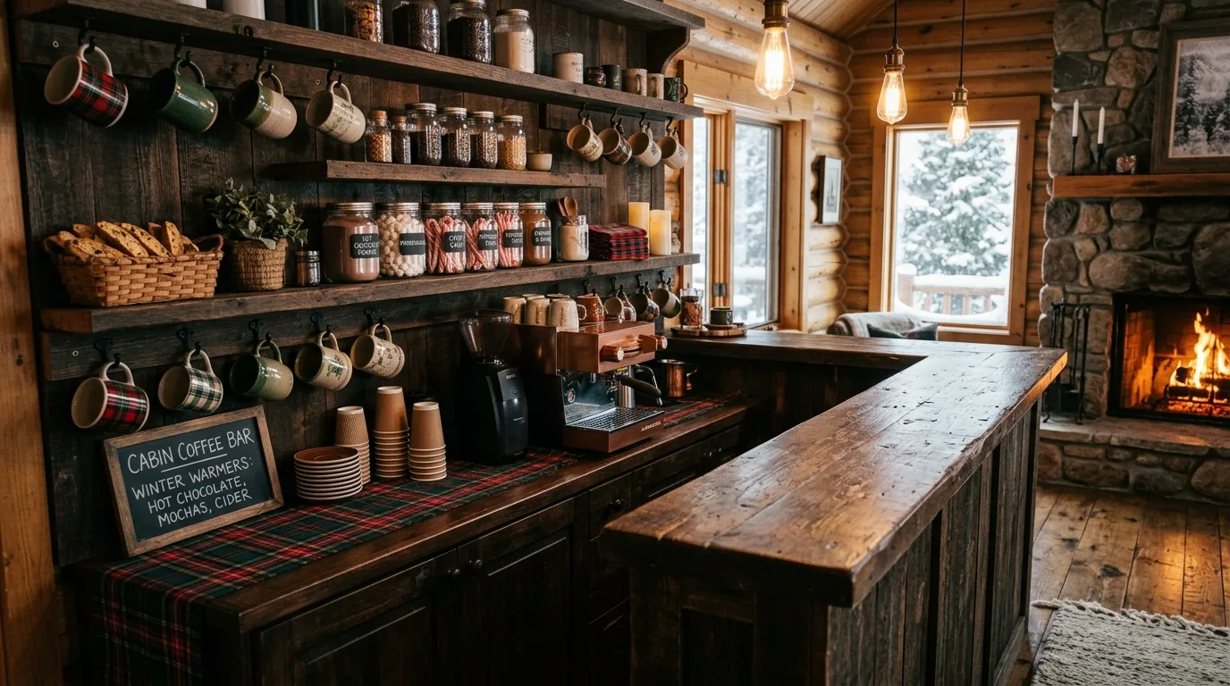 Organized syrup and spoon area on coffee bar. Practical layout making the winter drink station easier to use.
