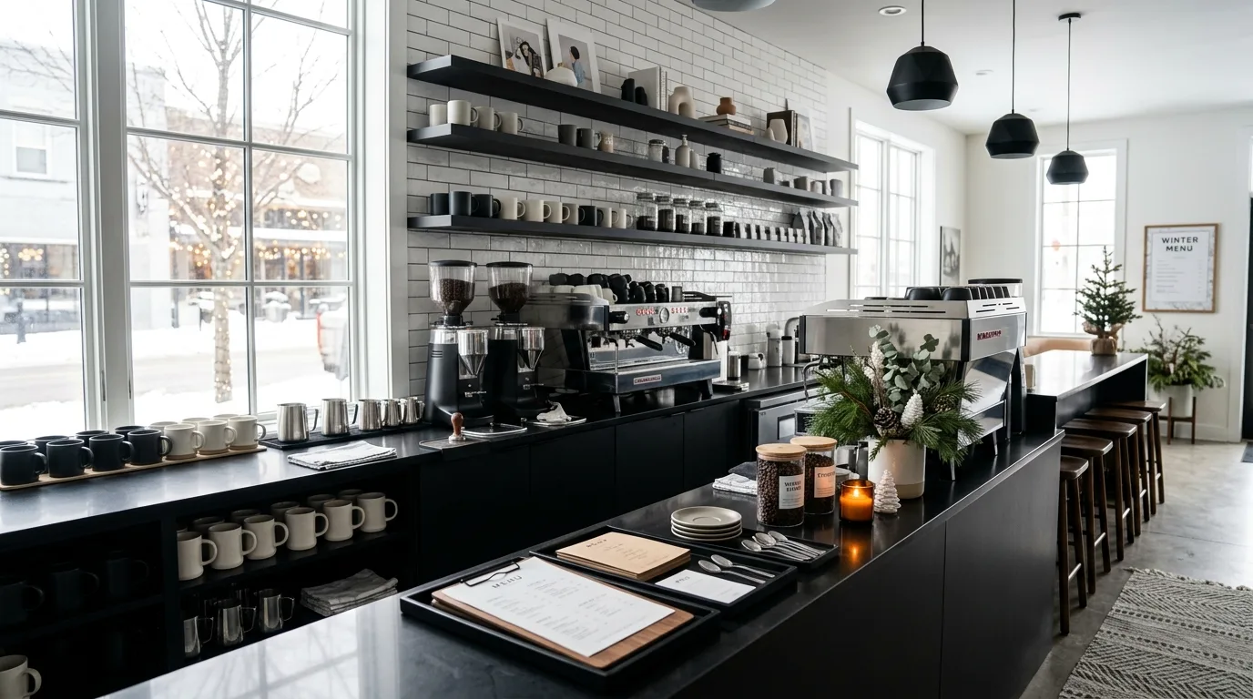 Coffee bar with narrow shelf. Vertical storage and styling improving a cozy winter setup.