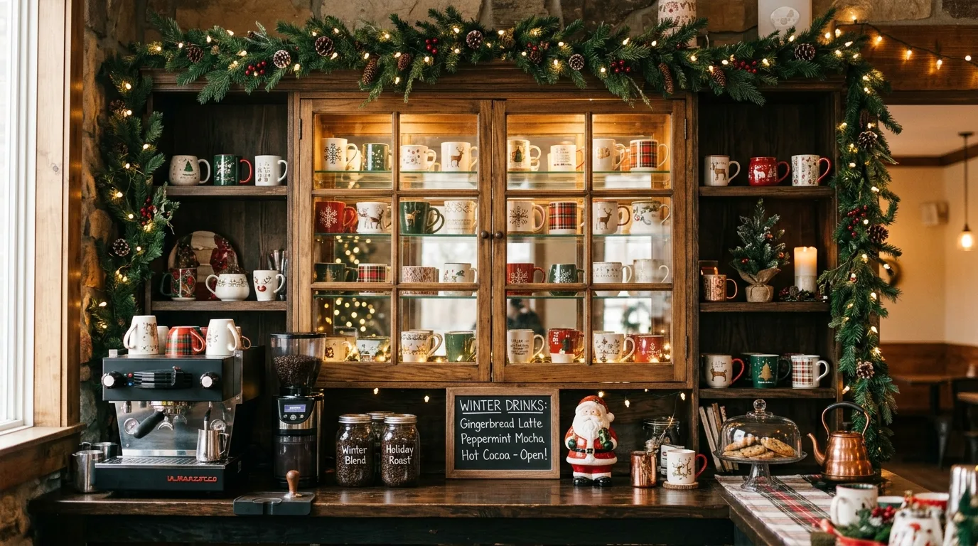 Textiles on winter coffee bar. Soft fabric details adding warmth to the morning drink corner.