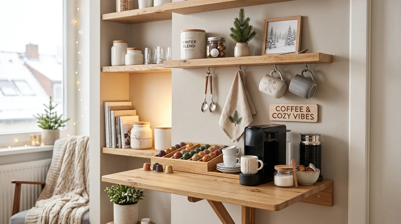 Calm winter palette on coffee bar. Muted seasonal colors creating a more soothing beverage setup.