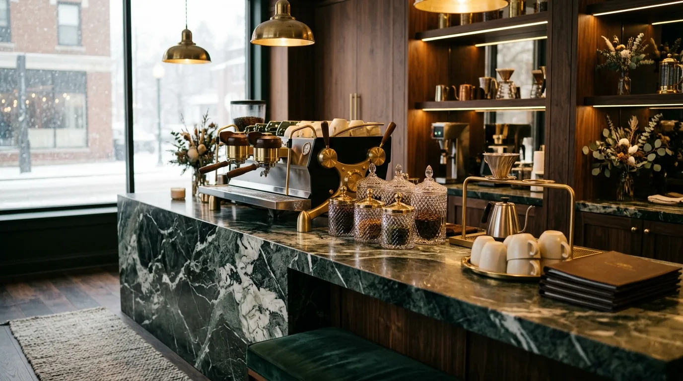 Winter coffee bar coordinated with kitchen. Cozy beverage corner designed to match the surrounding cookspace.