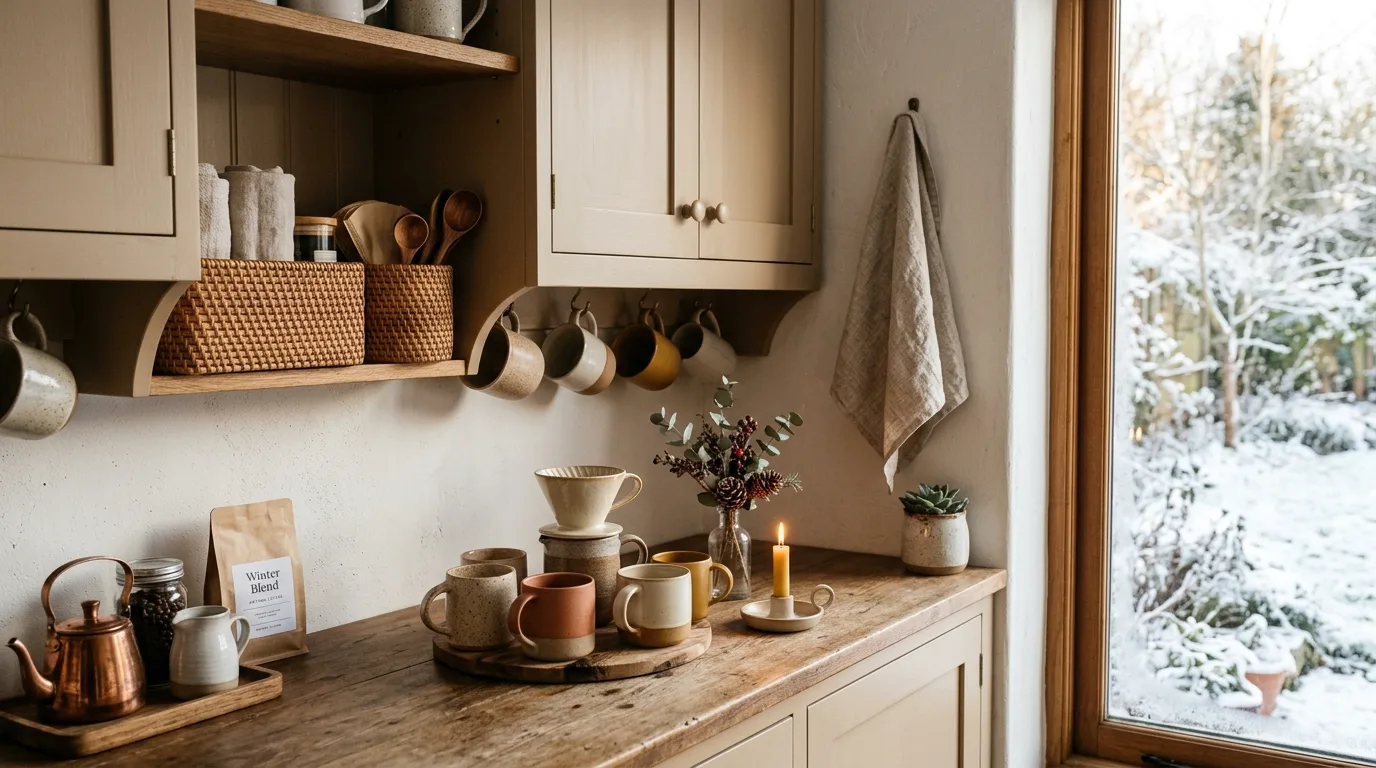 Winter coffee bar designed as a cozy ritual space. Inviting seasonal station combining practical setup with warm styling.