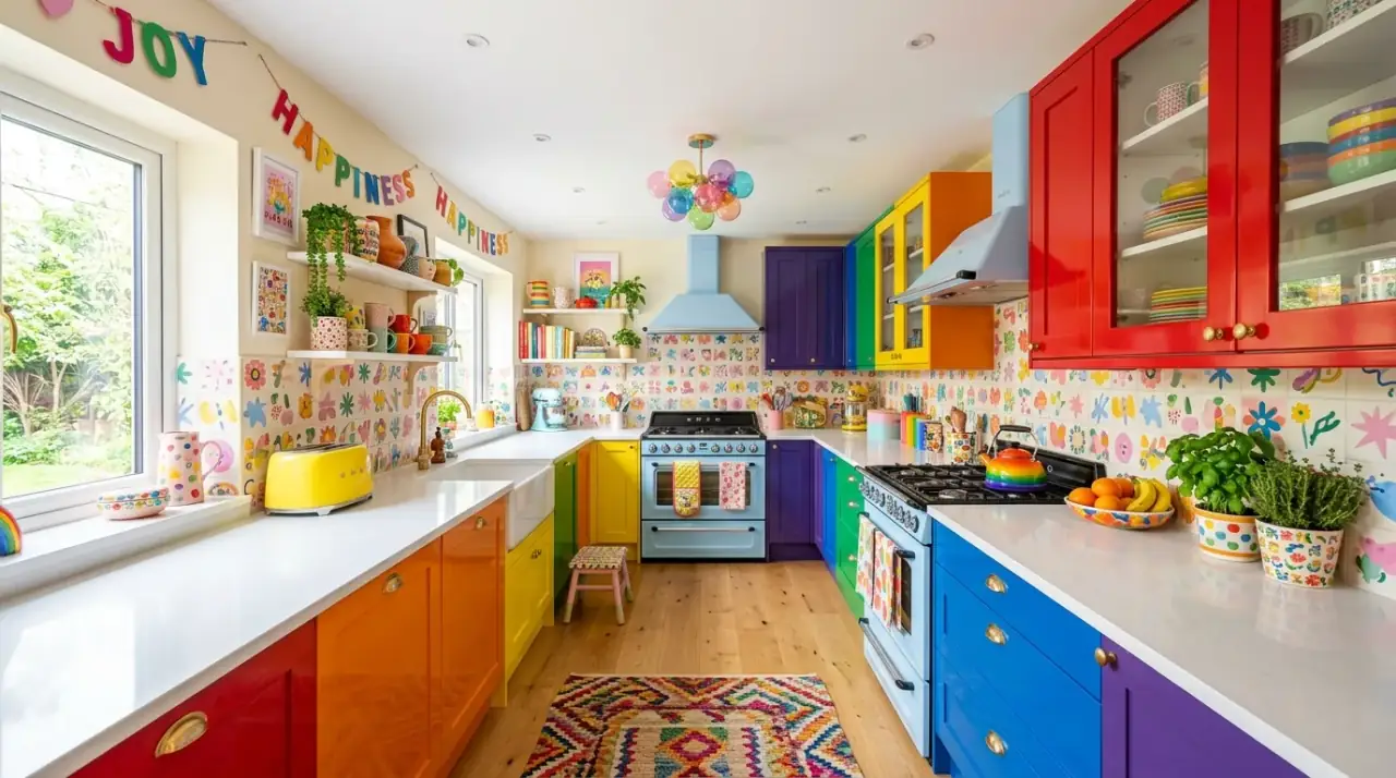 Joyful dopamine decor kitchen filled with happy colorful styling and expressive personality.