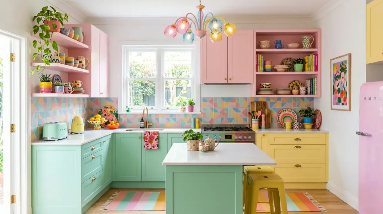 Anchor color dopamine kitchen. Joyful kitchen decor built around one strong colorful anchor.