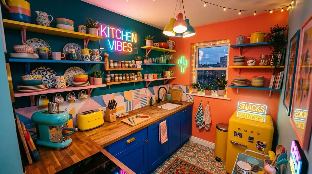 Colorful kitchen objects. Dopamine decor kitchen with bright useful everyday accessories.