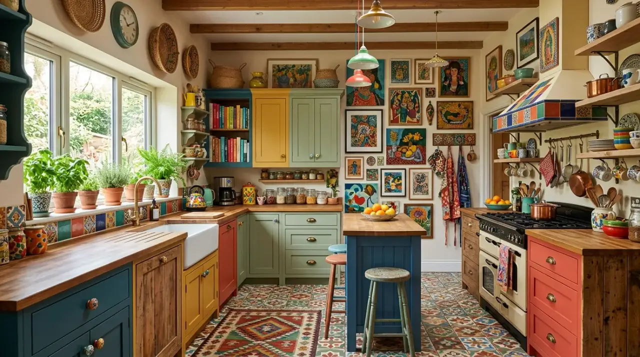 Pattern mix dopamine kitchen. Colorful kitchen mixing playful patterns in a thoughtful way.