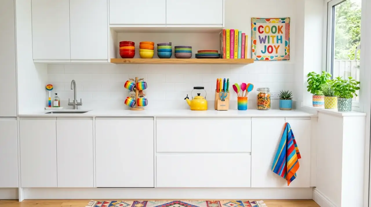 Colorful open shelves kitchen. Happy kitchen shelves displaying bright dishes and playful decor.
