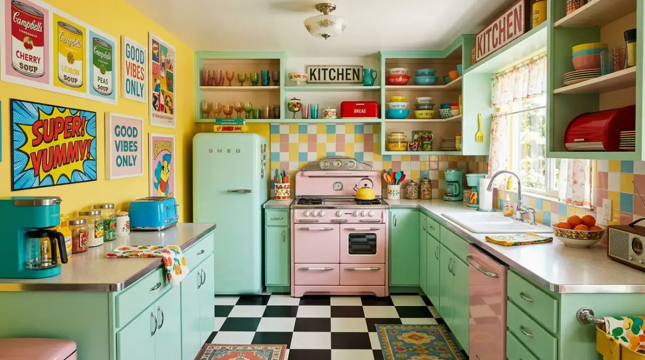 Color pop kitchen island. Joyful kitchen decor using a colorful island or stools as a focal point.