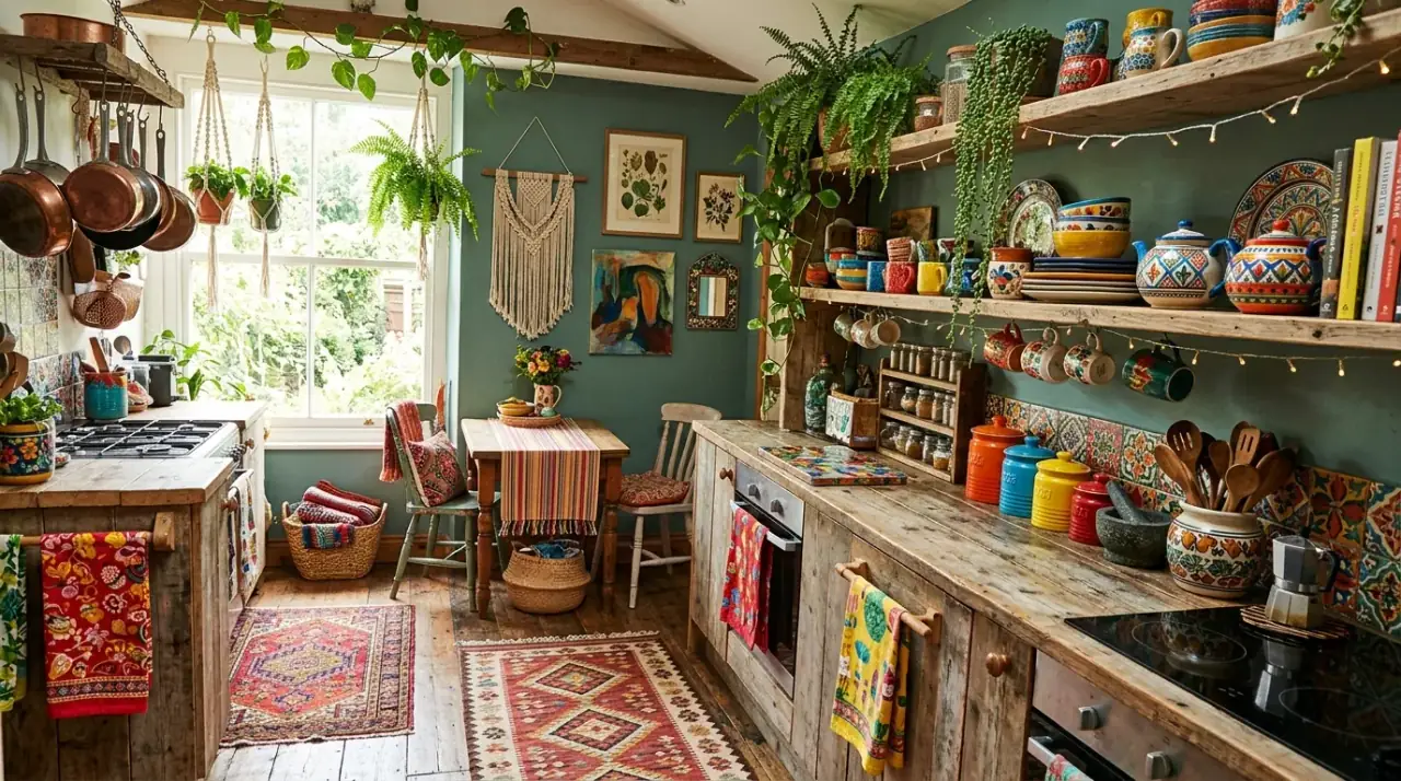 Balanced colorful kitchen. Happy dopamine decor kitchen grounded by one calmer neutral element.